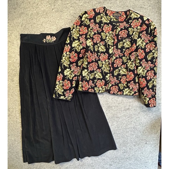 Herman Geist Navy Floral Skirt Set Quilted Jacket Midi Skirt Vintage Size 10 - Picture 5 of 16